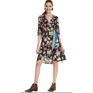 Desigual Odin floral true wrap dress elbow length sleeve knee length Size 38/6